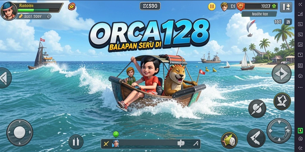 Tangkapan layar ORCA128 menampilkan balapan penuh aksi di lautan.