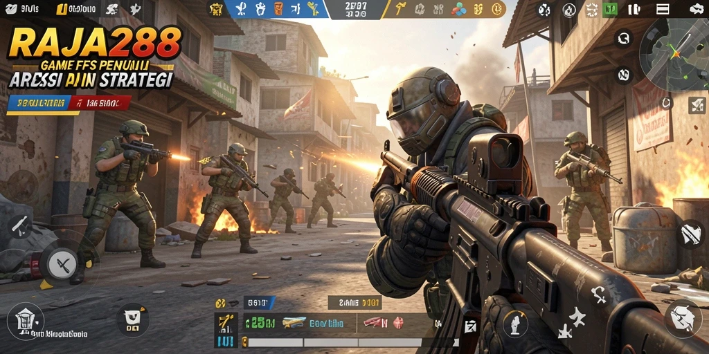Tangkapan layar gameplay RAJA288 menampilkan aksi seru dalam pertempuran FPS.