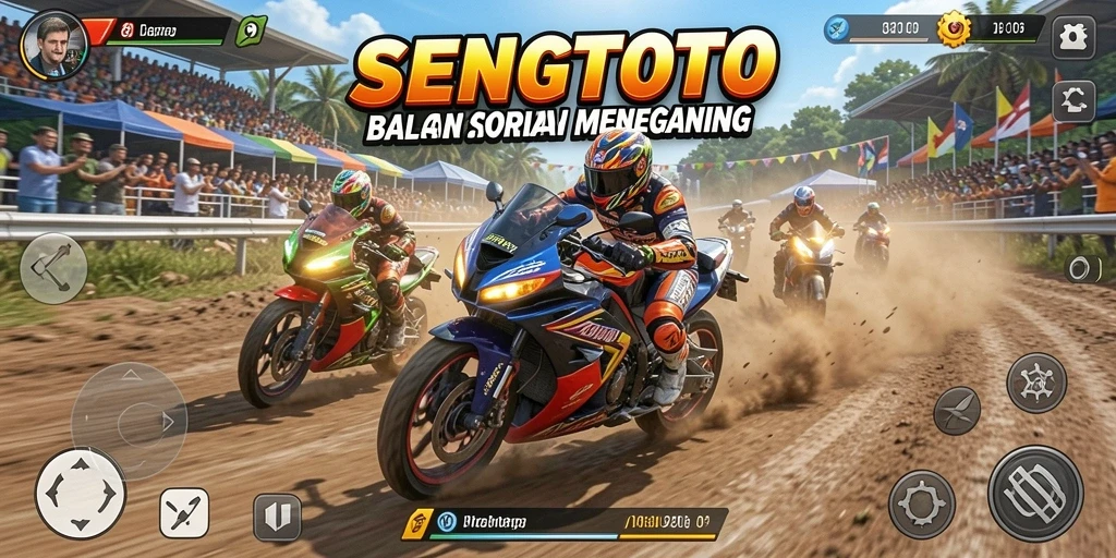 Screenshot gameplay SENGTOTO menampilkan aksi balapan motor yang mendebarkan.